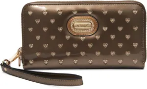 Starz Art Retro Vegan Leather Designer Women's Wallet with Rhinestone Accents, Heart Design Patent Leather Wristlet (Pewter)