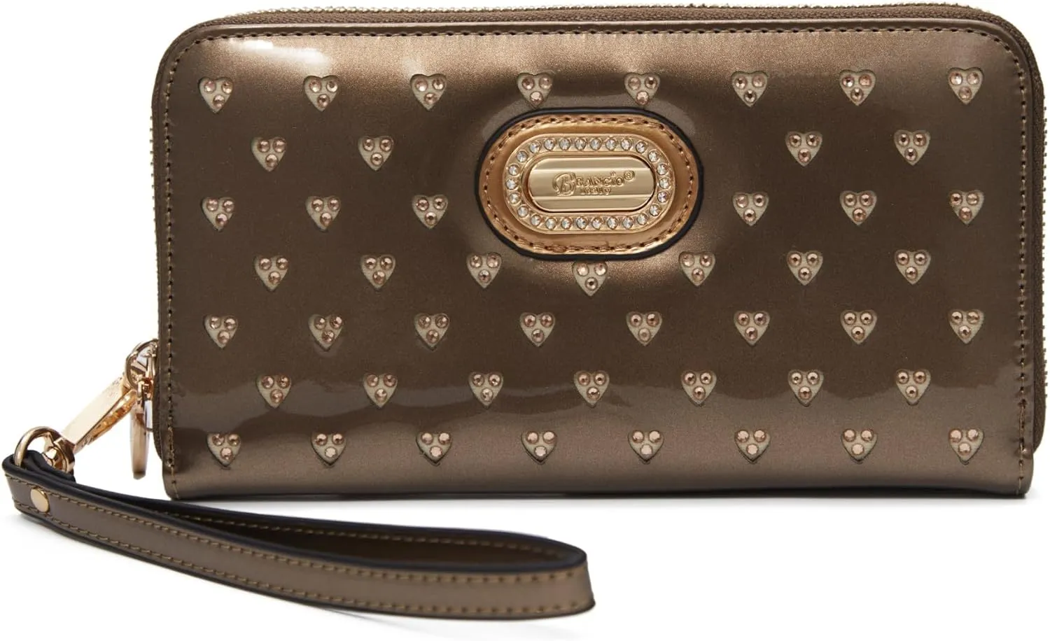 Starz Art Retro Vegan Leather Designer Women's Wallet with Rhinestone Accents, Heart Design Patent Leather Wristlet (Pewter)
