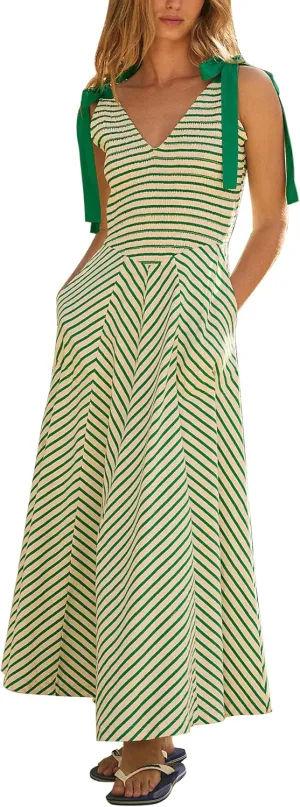 Striped Smocked Maxi Dress for Women Sleeveless Tie Strap Tiered Sexy V Neck Long Dress Flowy Sundress with Pockets
