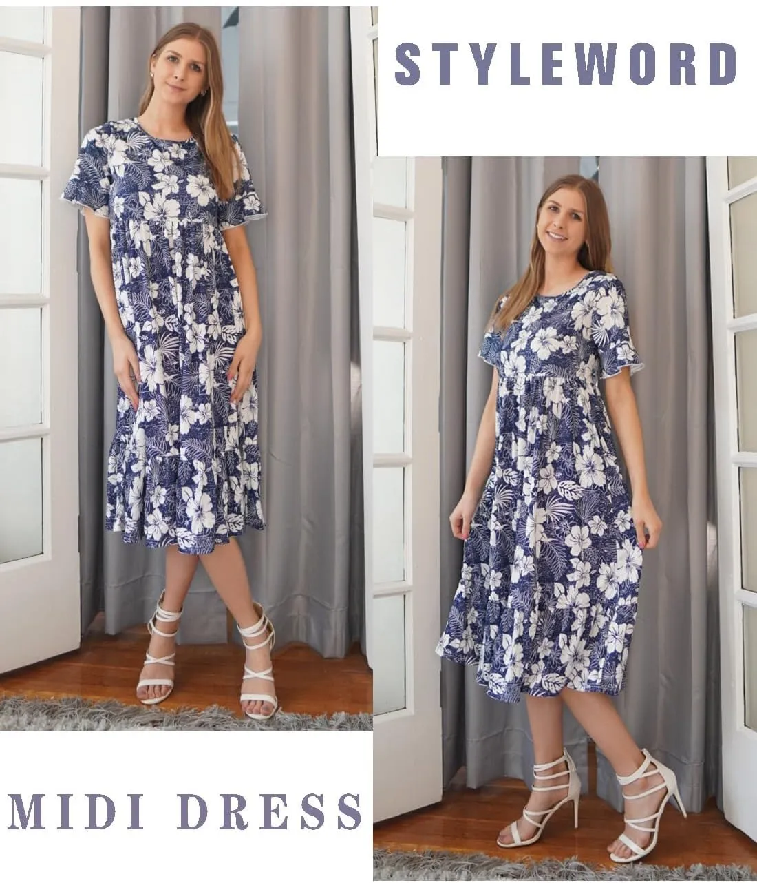 STYLEWORD Women's Summer 2025 Casual Short Sleeve Tiered Flowy Spring Dress Long Midi Beach Sundress Vacation Outfits