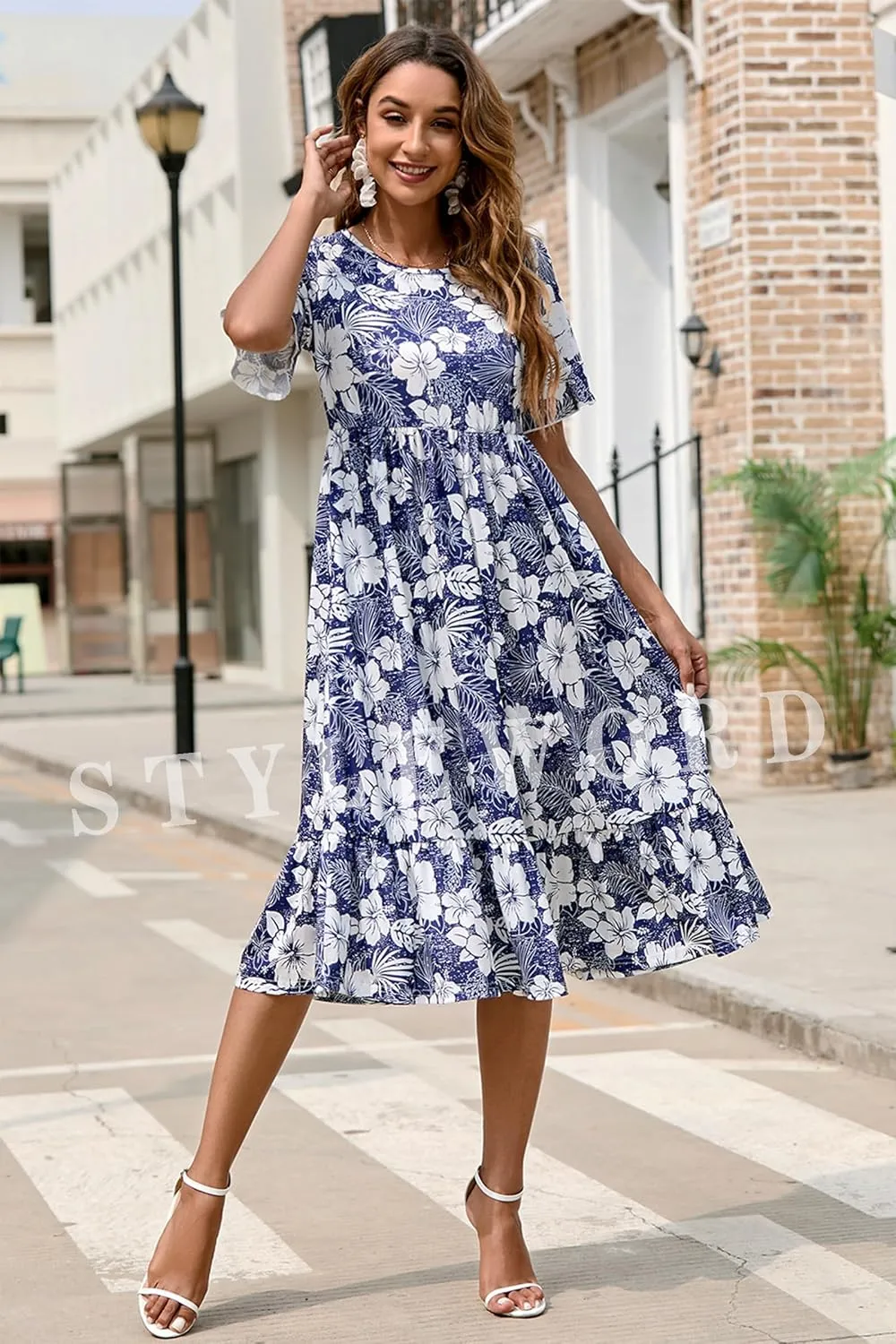STYLEWORD Women's Summer 2025 Casual Short Sleeve Tiered Flowy Spring Dress Long Midi Beach Sundress Vacation Outfits