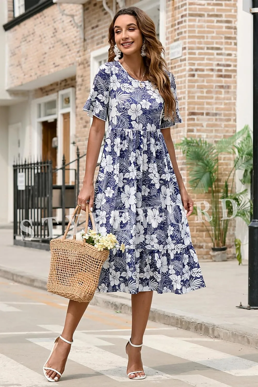 STYLEWORD Women's Summer 2025 Casual Short Sleeve Tiered Flowy Spring Dress Long Midi Beach Sundress Vacation Outfits