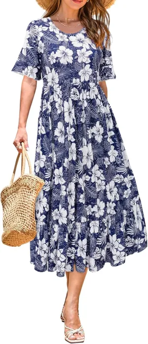 STYLEWORD Women's Summer 2025 Casual Short Sleeve Tiered Flowy Spring Dress Long Midi Beach Sundress Vacation Outfits
