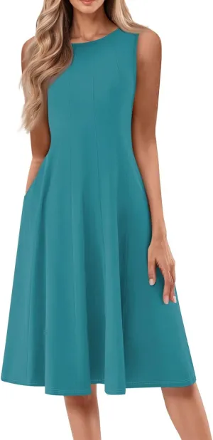 Summer Casual Dresses for Women Solid/Floral Print Sleeveless Midi Dress Swing Tank Sundress Crewneck Pleated Tshirt Dress