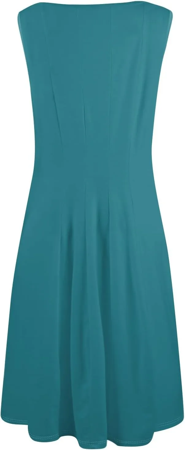 Summer Casual Dresses for Women Solid/Floral Print Sleeveless Midi Dress Swing Tank Sundress Crewneck Pleated Tshirt Dress