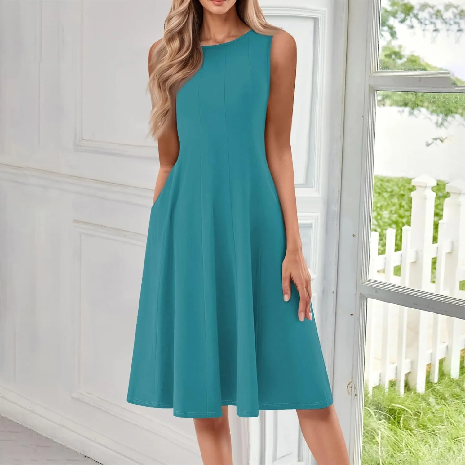 Summer Casual Dresses for Women Solid/Floral Print Sleeveless Midi Dress Swing Tank Sundress Crewneck Pleated Tshirt Dress