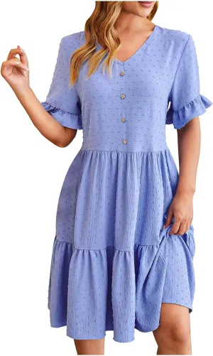 Summer Dresses for Women, 2025 Button Front V Neck Tunic Dresses Soft Comfy Short Sleeve Ruffle Vacation Mini Dress