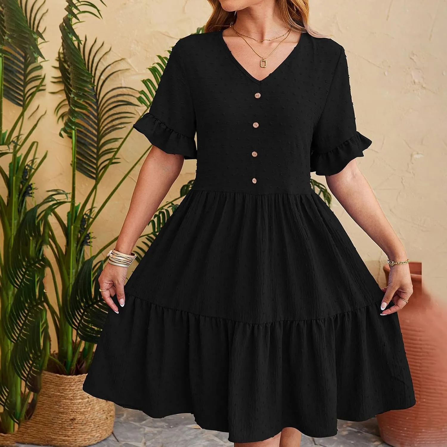 Summer Dresses for Women, 2025 Button Front V Neck Tunic Dresses Soft Comfy Short Sleeve Ruffle Vacation Mini Dress