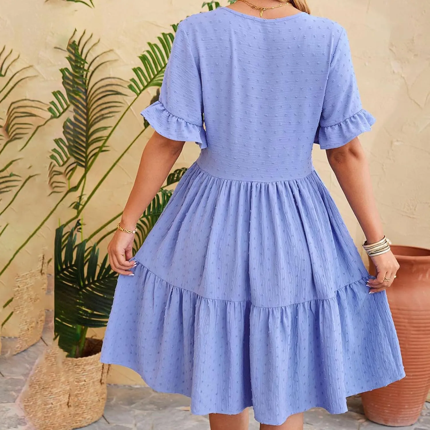 Summer Dresses for Women, 2025 Button Front V Neck Tunic Dresses Soft Comfy Short Sleeve Ruffle Vacation Mini Dress