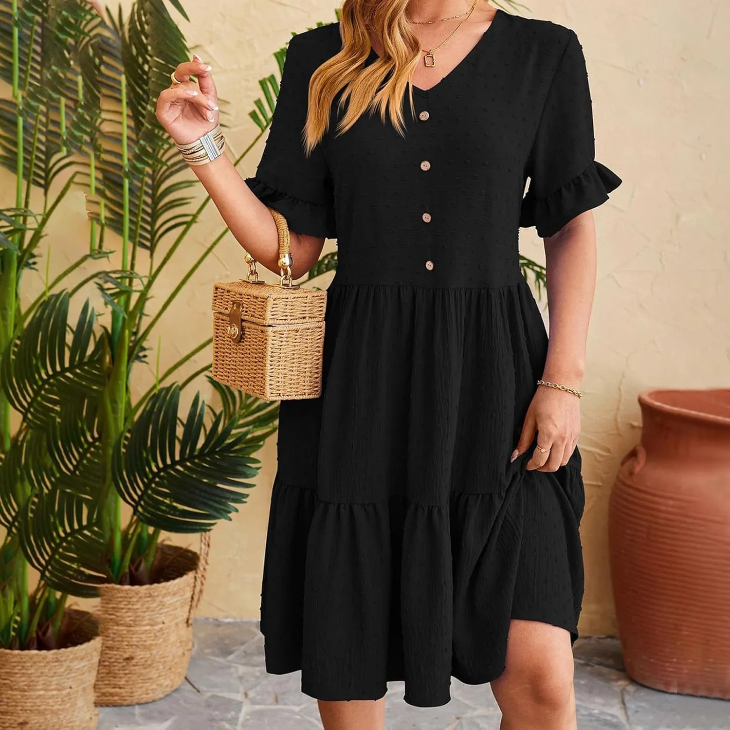 Summer Dresses for Women, 2025 Button Front V Neck Tunic Dresses Soft Comfy Short Sleeve Ruffle Vacation Mini Dress