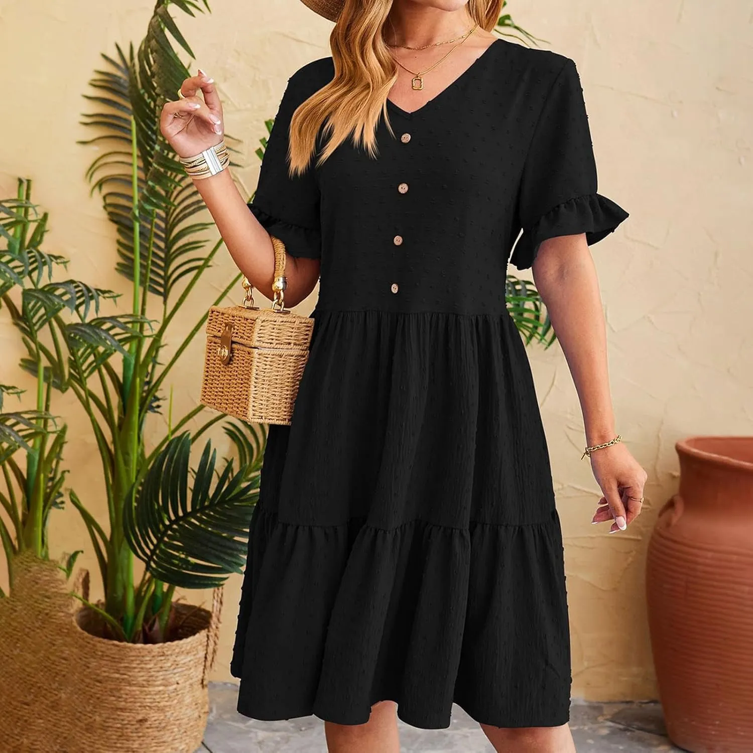 Summer Dresses for Women, 2025 Button Front V Neck Tunic Dresses Soft Comfy Short Sleeve Ruffle Vacation Mini Dress