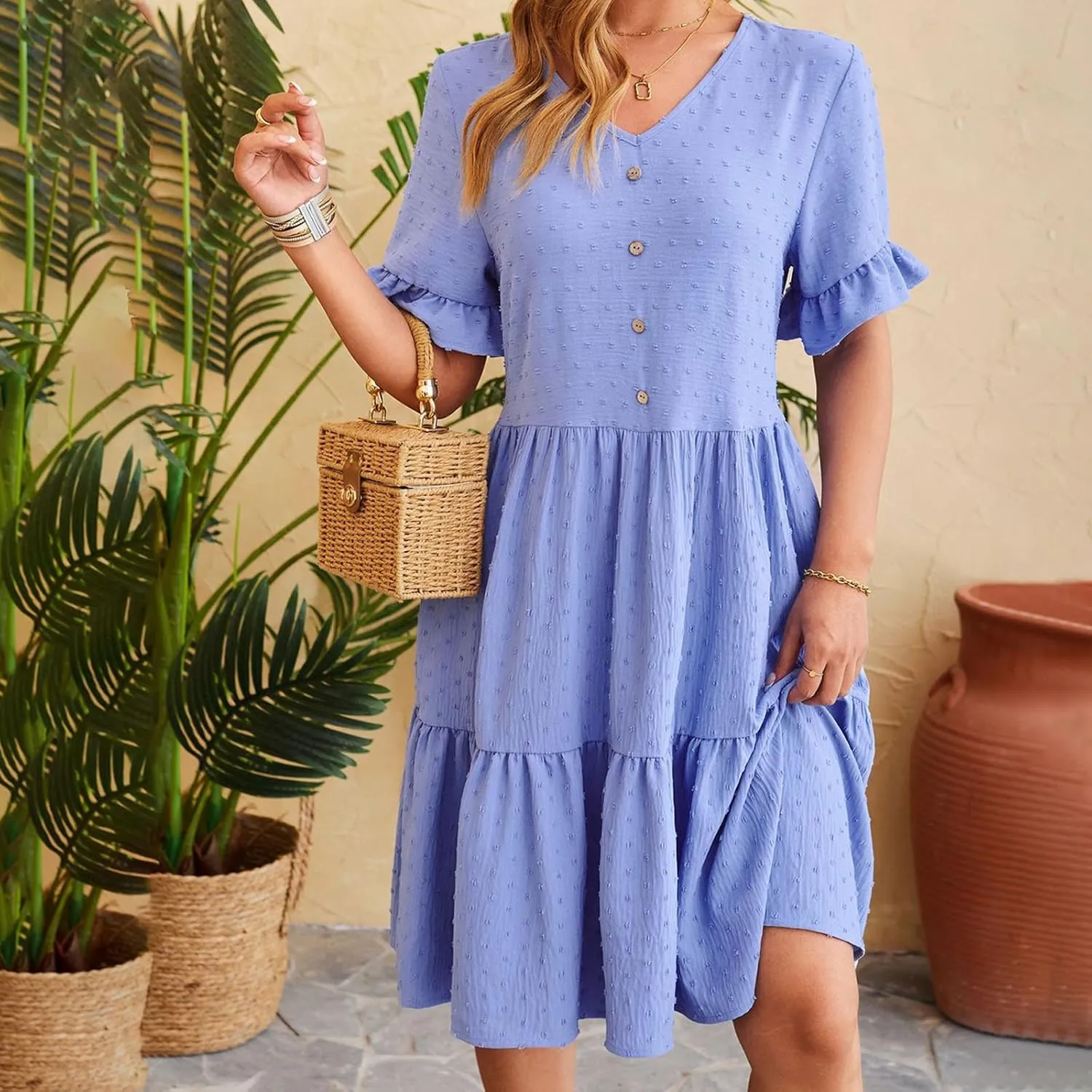 Summer Dresses for Women, 2025 Button Front V Neck Tunic Dresses Soft Comfy Short Sleeve Ruffle Vacation Mini Dress