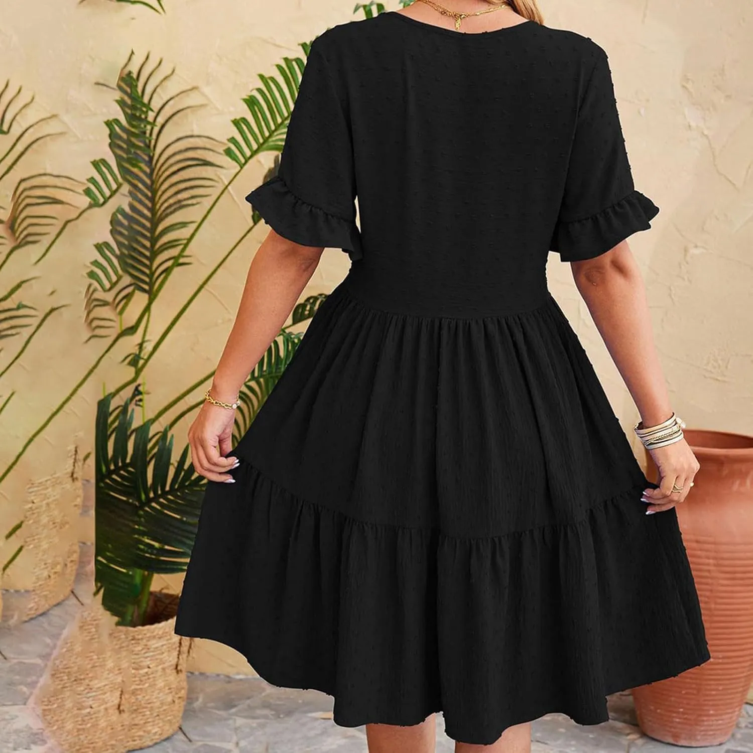 Summer Dresses for Women, 2025 Button Front V Neck Tunic Dresses Soft Comfy Short Sleeve Ruffle Vacation Mini Dress