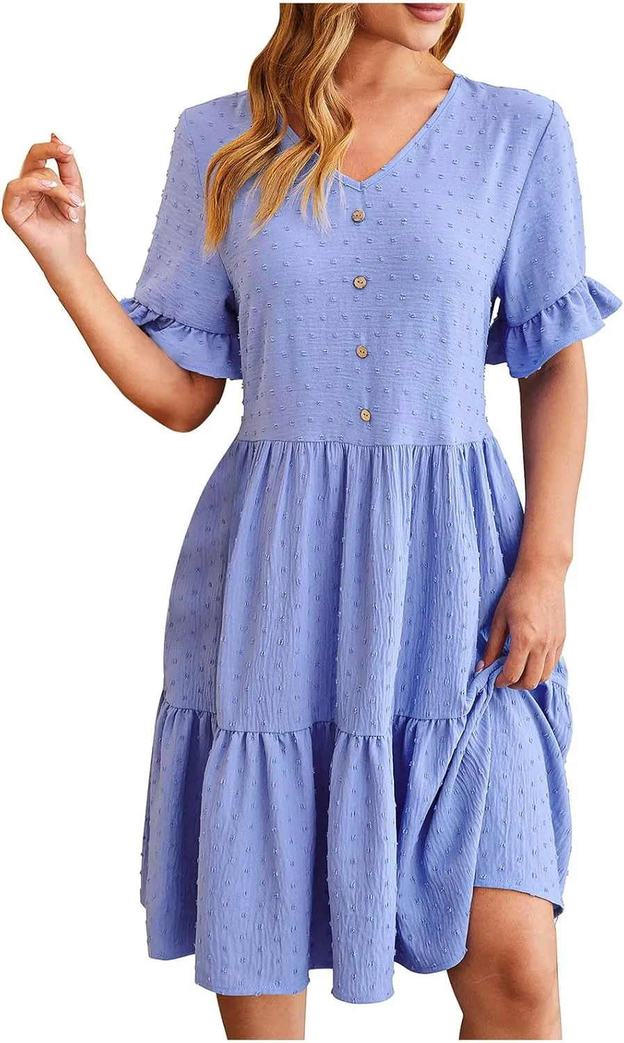 Summer Dresses for Women, 2025 Button Front V Neck Tunic Dresses Soft Comfy Short Sleeve Ruffle Vacation Mini Dress
