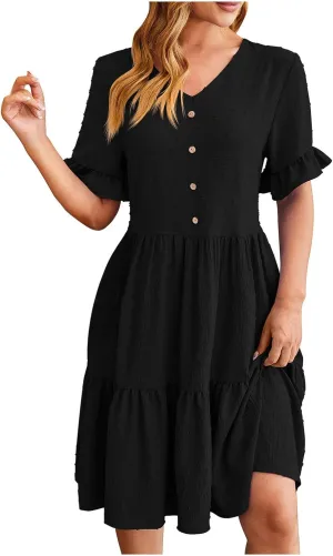 Summer Dresses for Women, 2025 Button Front V Neck Tunic Dresses Soft Comfy Short Sleeve Ruffle Vacation Mini Dress