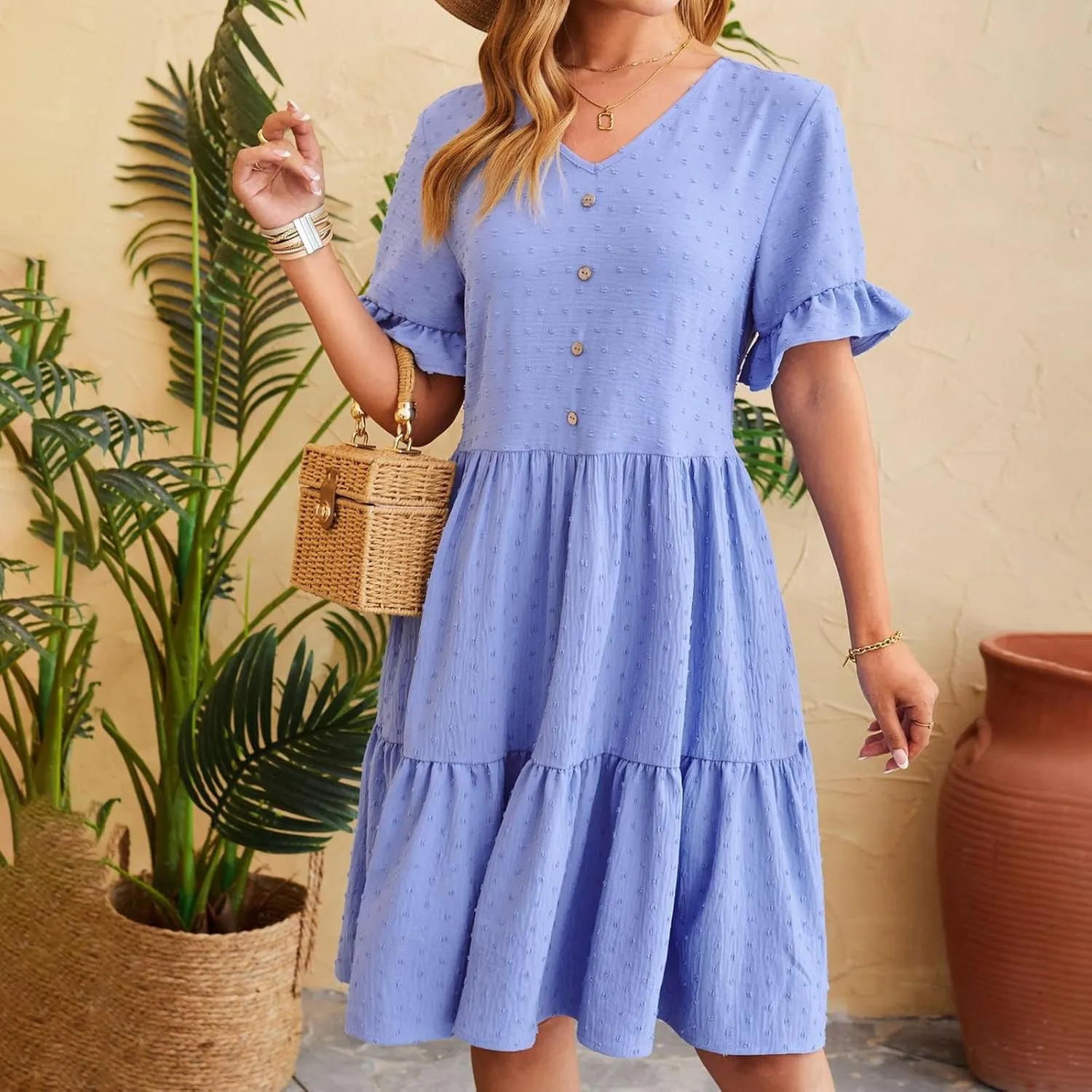 Summer Dresses for Women, 2025 Button Front V Neck Tunic Dresses Soft Comfy Short Sleeve Ruffle Vacation Mini Dress