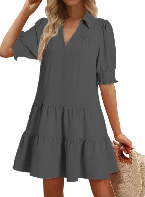 Summer Dresses for Women 2025 Casual Lapel Collared V Neck Mid Sleeved Pleated Midi Dresses Short Sleeve Solid Dresses