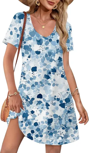 Summer Dresses for Women 2025 Casual Loose V Neck Short Sleeve T Shirt Dress Sundresses Beach Cover Up with Pockets