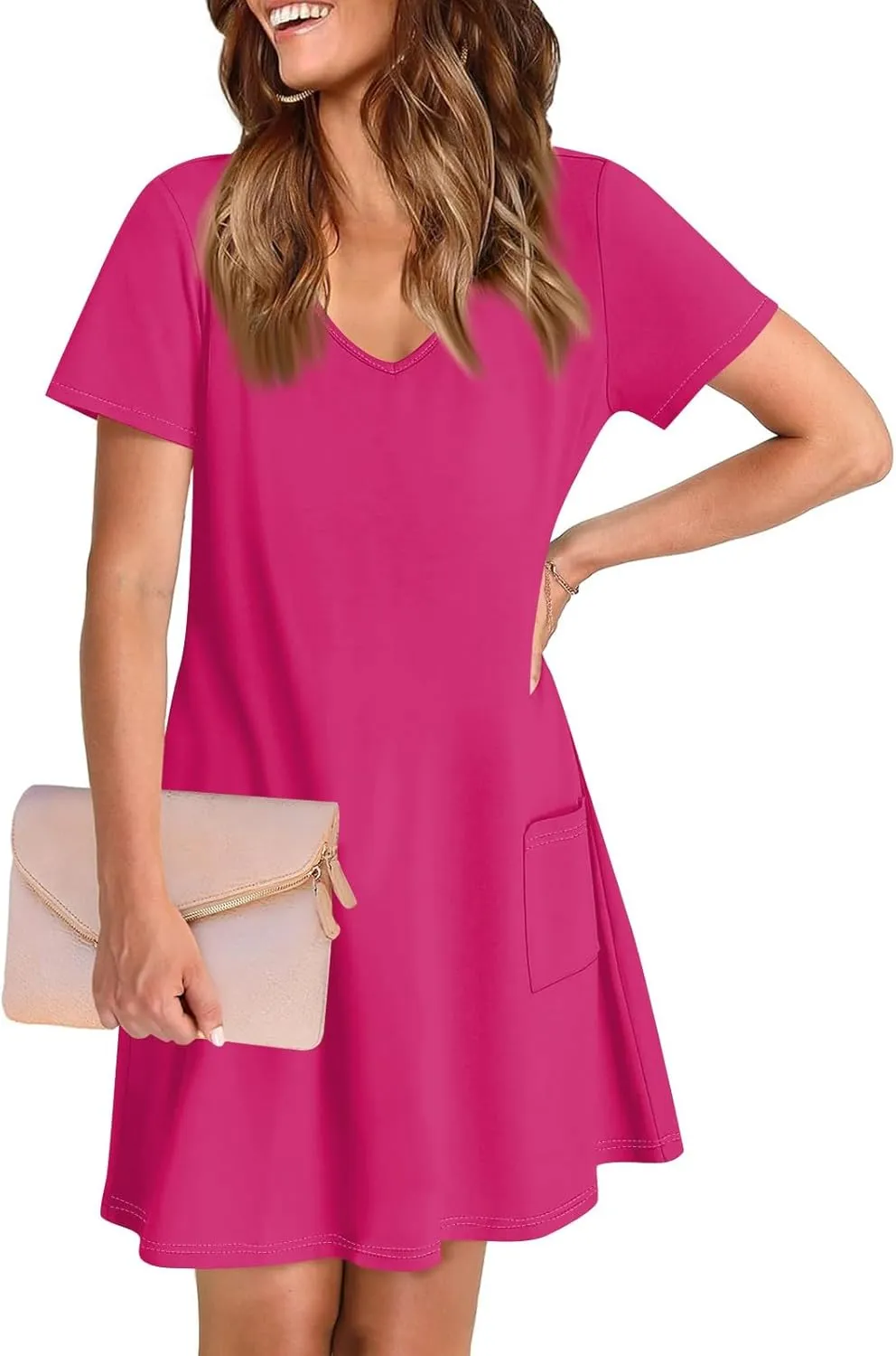 Summer Dresses for Women 2025 Casual Loose V Neck Short Sleeve T Shirt Dress Sundresses Beach Cover Up with Pockets