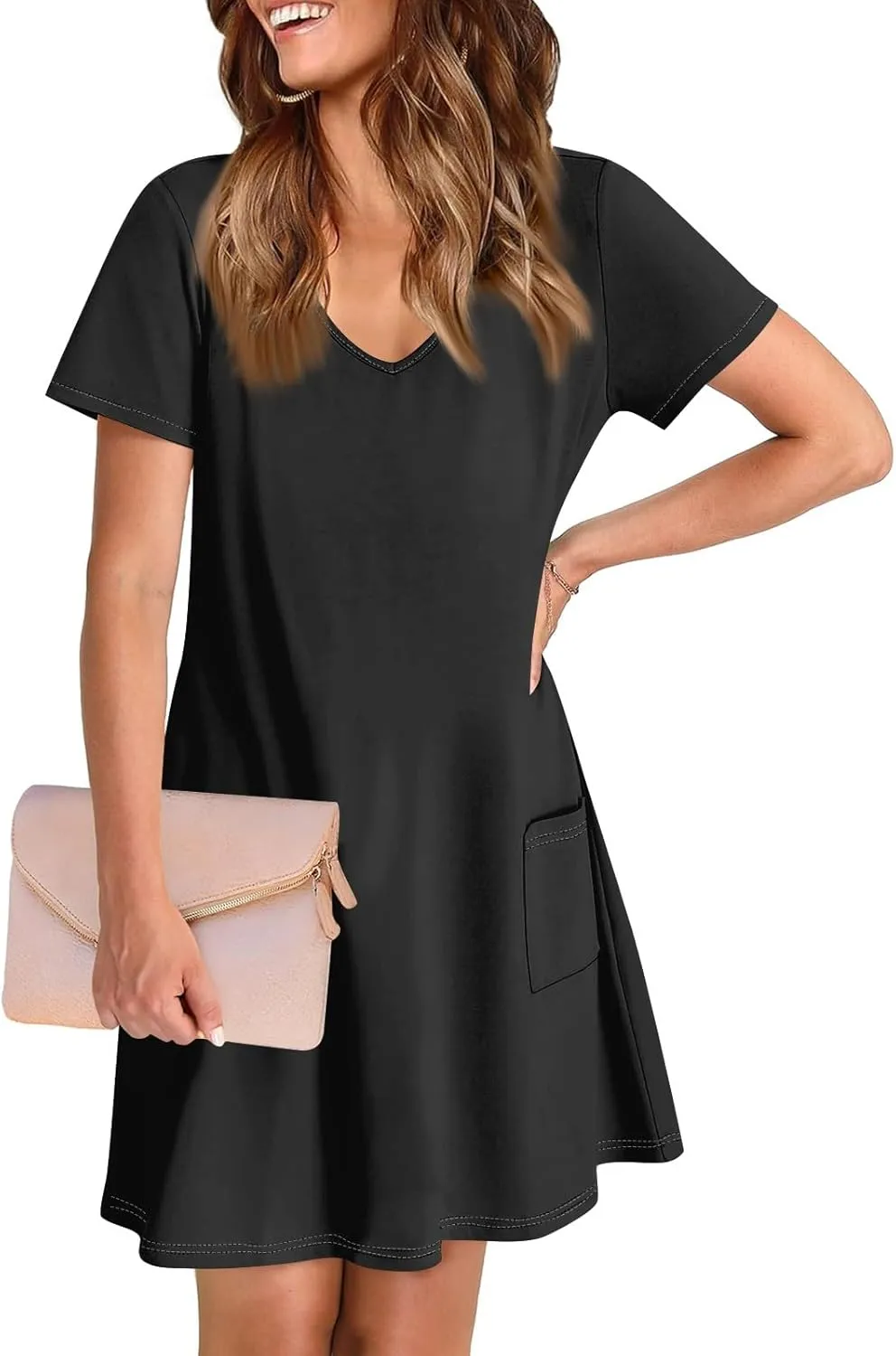 Summer Dresses for Women 2025 Casual Loose V Neck Short Sleeve T Shirt Dress Sundresses Beach Cover Up with Pockets