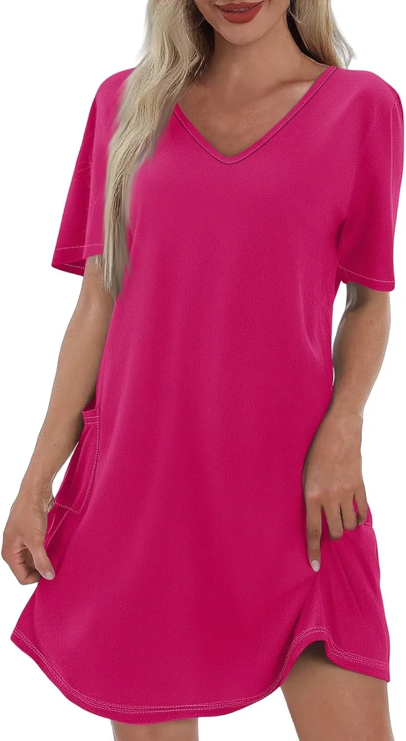 Summer Dresses for Women 2025 Casual Loose V Neck Short Sleeve T Shirt Dress Sundresses Beach Cover Up with Pockets