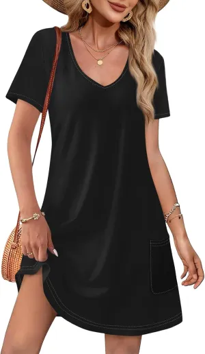 Summer Dresses for Women 2025 Casual Loose V Neck Short Sleeve T Shirt Dress Sundresses Beach Cover Up with Pockets