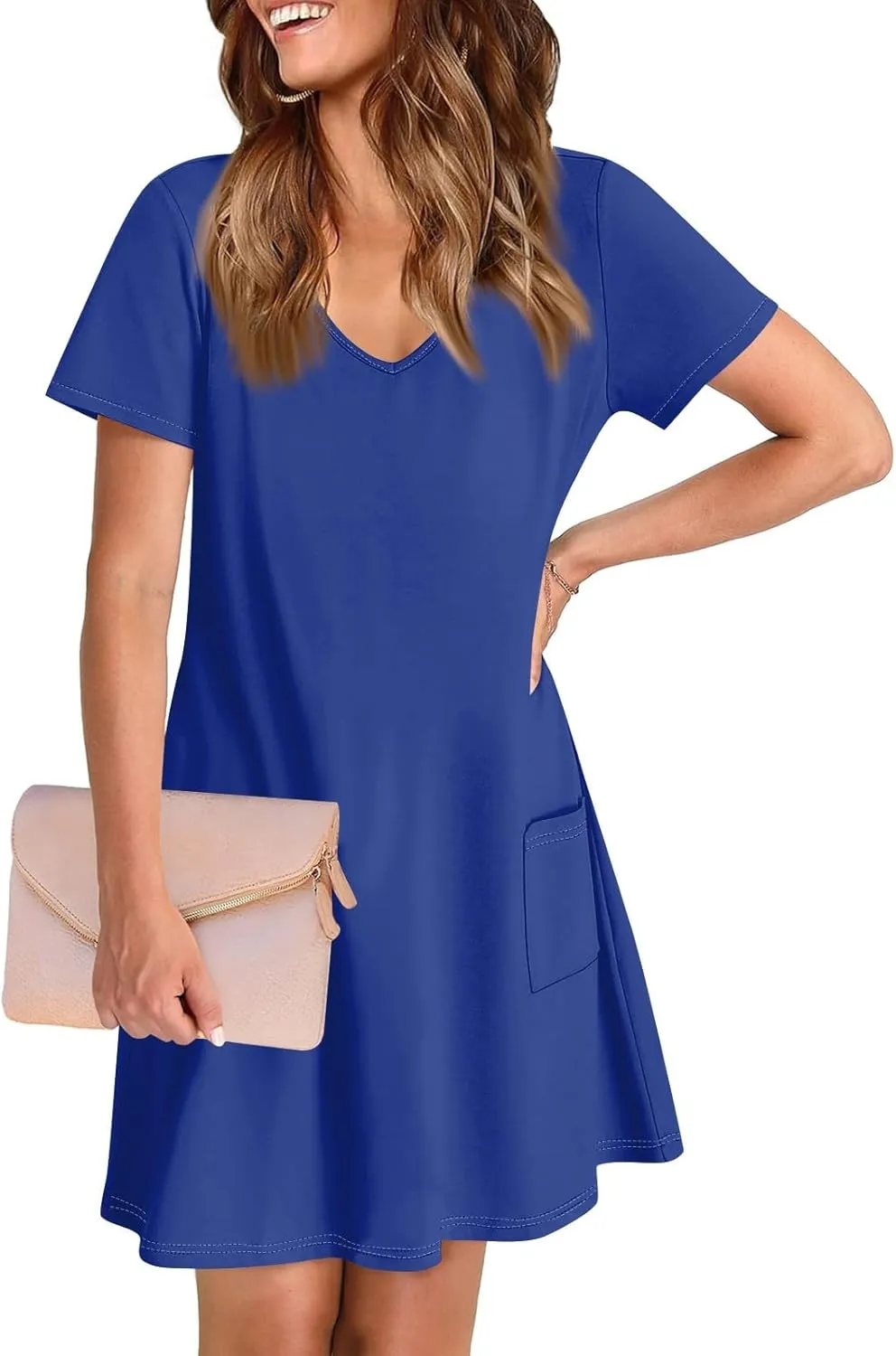 Summer Dresses for Women 2025 Casual Loose V Neck Short Sleeve T Shirt Dress Sundresses Beach Cover Up with Pockets