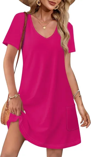 Summer Dresses for Women 2025 Casual Loose V Neck Short Sleeve T Shirt Dress Sundresses Beach Cover Up with Pockets