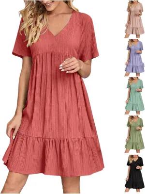 Summer Dresses for Women 2025 Casual Short Sleeve V Neck Flowy Swing Midi Dress Loose Beach Vacation Cute Sundresses