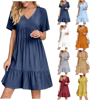 Summer Dresses for Women 2025 Casual Short Sleeve V Neck Flowy Swing Midi Dress Loose Beach Vacation Cute Sundresses