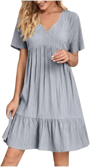 Summer Dresses for Women 2025 Casual Short Sleeve V Neck Flowy Swing Midi Dress Loose Beach Vacation Cute Sundresses