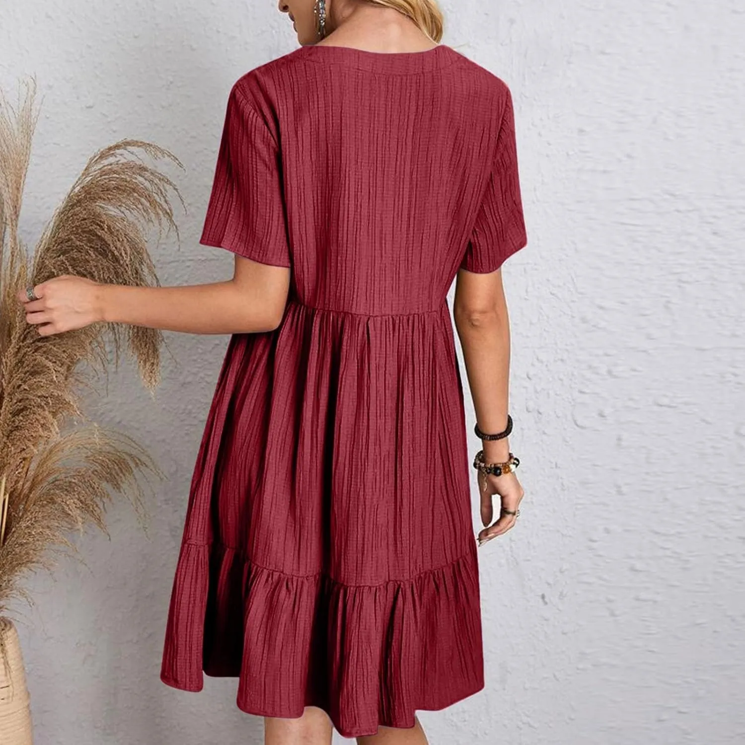 Summer Dresses for Women 2025 Casual Short Sleeve V Neck Flowy Swing Midi Dress Loose Beach Vacation Cute Sundresses