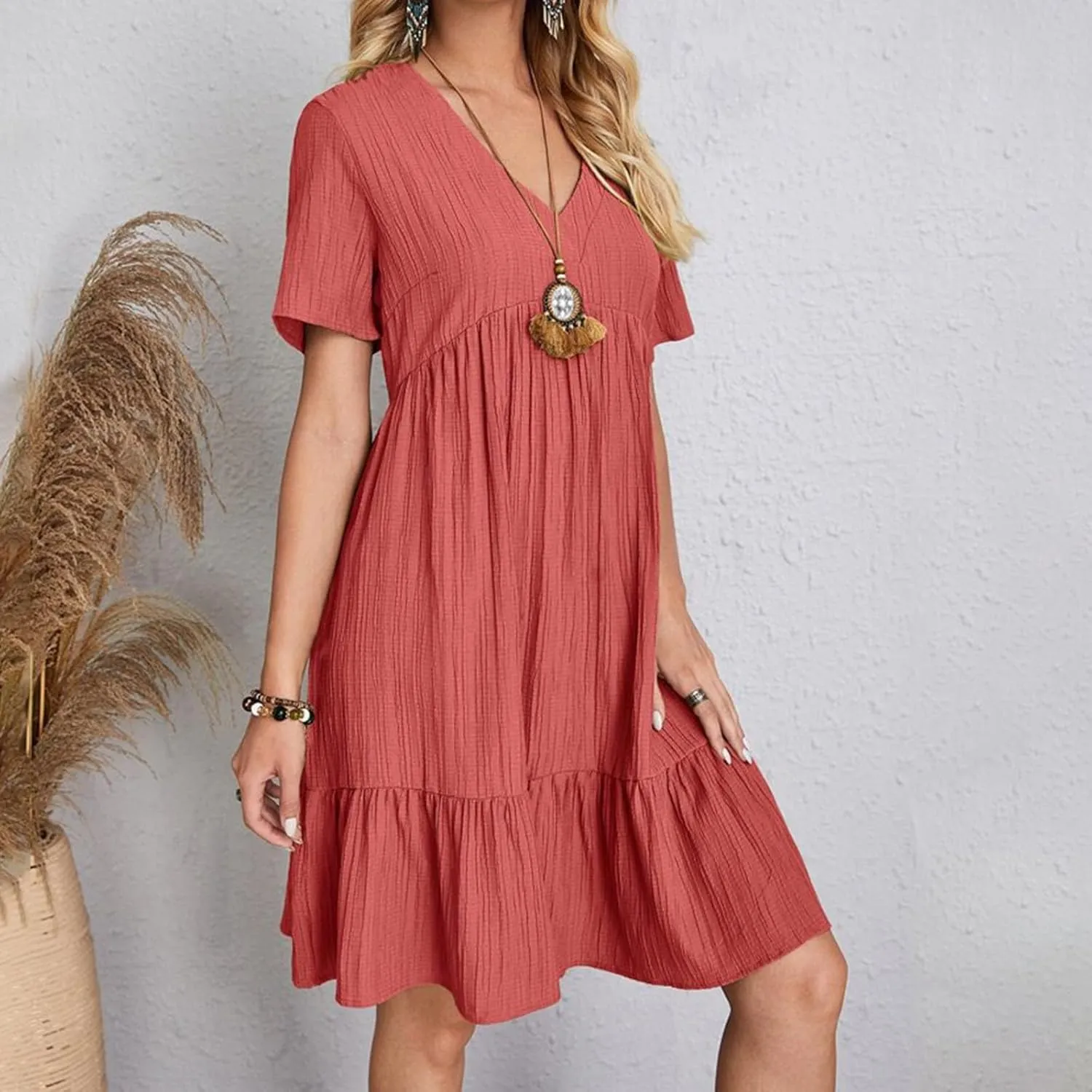 Summer Dresses for Women 2025 Casual Short Sleeve V Neck Flowy Swing Midi Dress Loose Beach Vacation Cute Sundresses