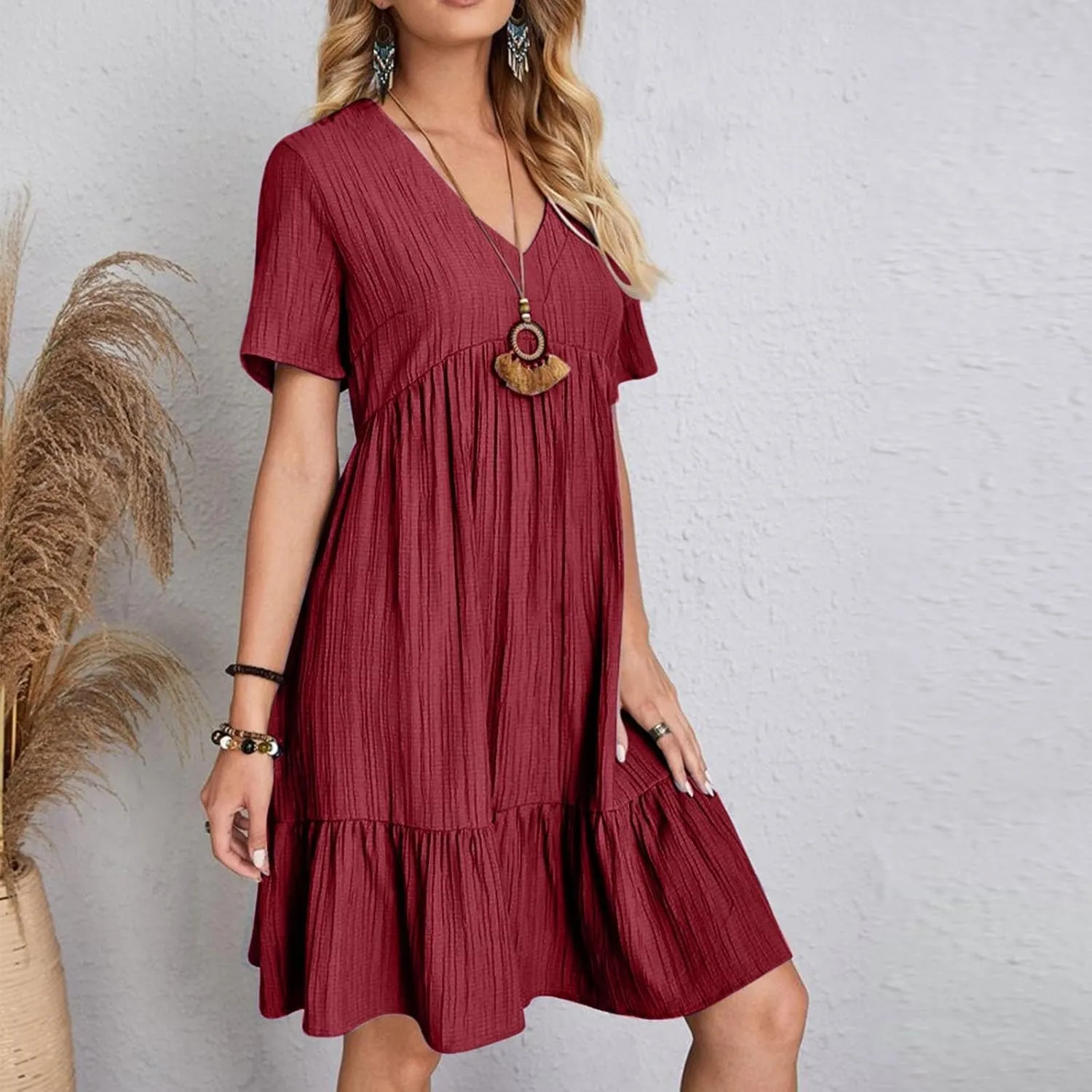Summer Dresses for Women 2025 Casual Short Sleeve V Neck Flowy Swing Midi Dress Loose Beach Vacation Cute Sundresses