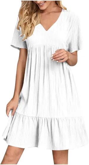 Summer Dresses for Women 2025 Casual Short Sleeve V Neck Flowy Swing Midi Dress Loose Beach Vacation Cute Sundresses