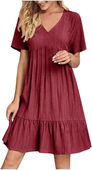 Summer Dresses for Women 2025 Casual Short Sleeve V Neck Flowy Swing Midi Dress Loose Beach Vacation Cute Sundresses