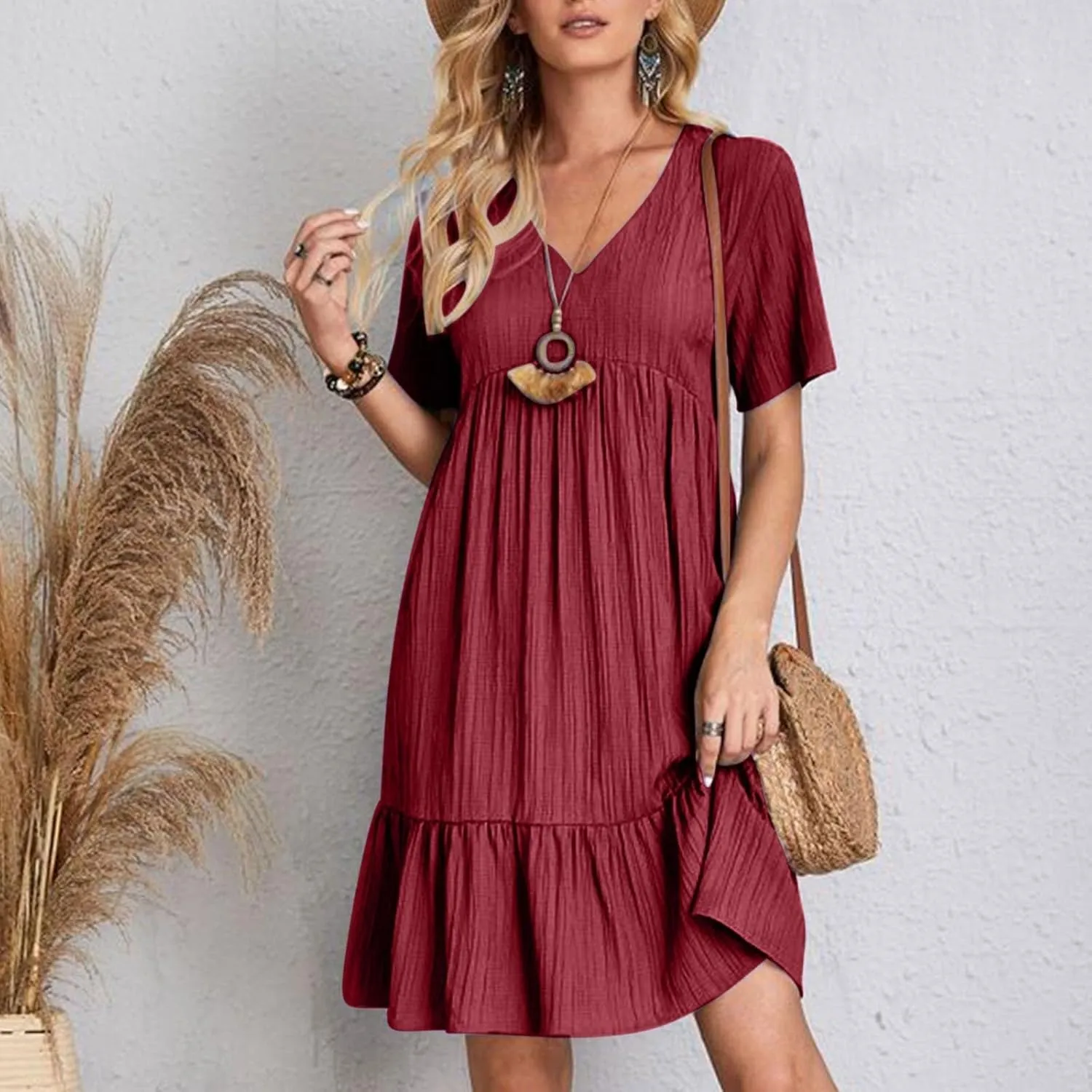 Summer Dresses for Women 2025 Casual Short Sleeve V Neck Flowy Swing Midi Dress Loose Beach Vacation Cute Sundresses