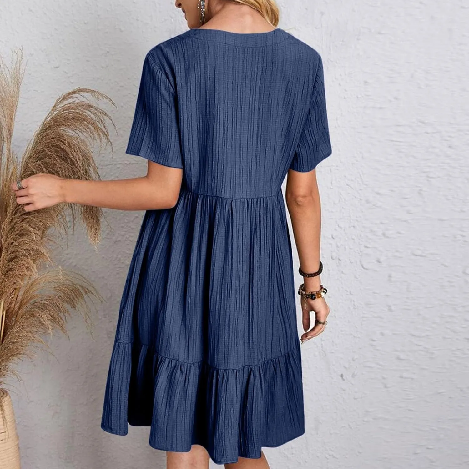 Summer Dresses for Women 2025 Casual Short Sleeve V Neck Flowy Swing Midi Dress Loose Beach Vacation Cute Sundresses