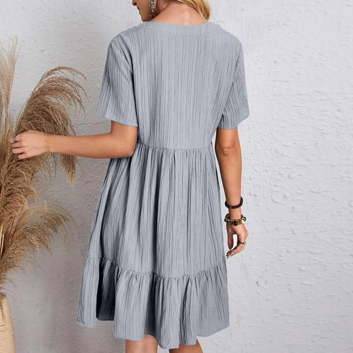 Summer Dresses for Women 2025 Casual Short Sleeve V Neck Flowy Swing Midi Dress Loose Beach Vacation Cute Sundresses