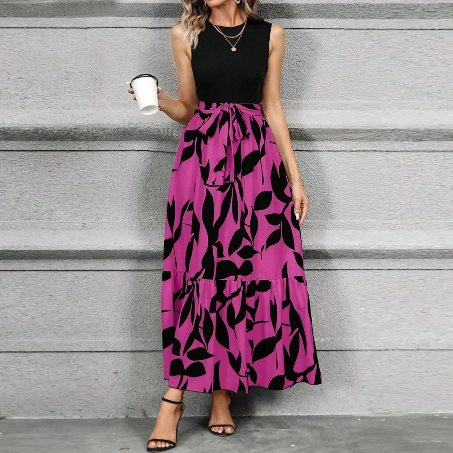 Summer Dresses for Women 2025 Casual Sleeveless Maxi Dresses with Belt Boho Flowy Floral Dress Vacation Long Dress