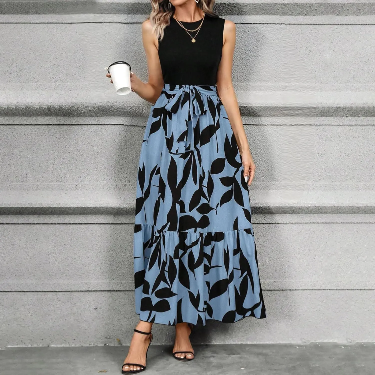 Summer Dresses for Women 2025 Casual Sleeveless Maxi Dresses with Belt Boho Flowy Floral Dress Vacation Long Dress