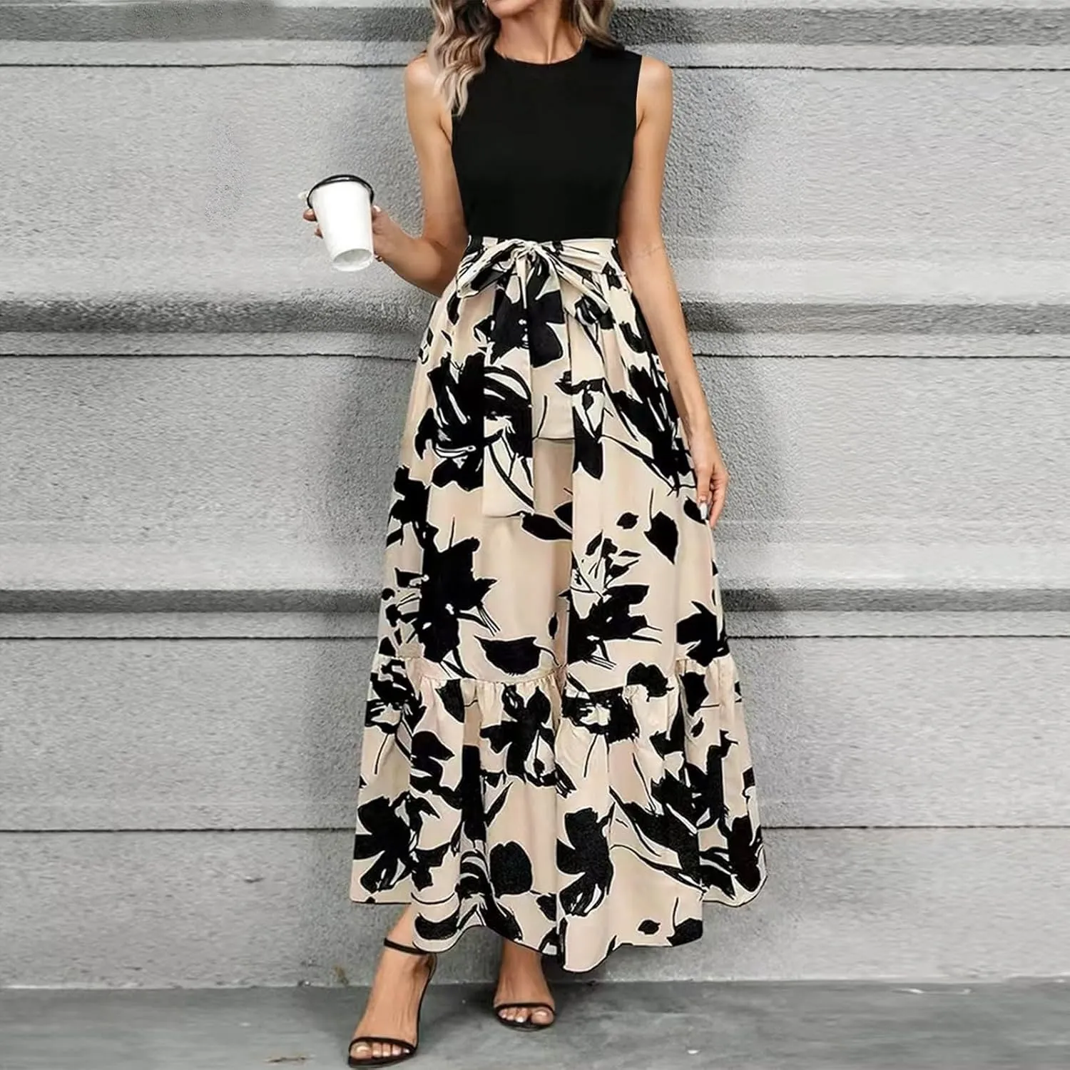 Summer Dresses for Women 2025 Casual Sleeveless Maxi Dresses with Belt Boho Flowy Floral Dress Vacation Long Dress