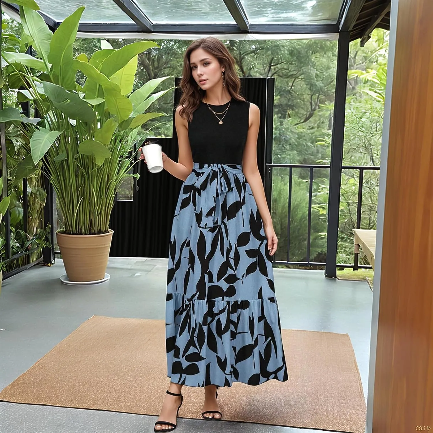 Summer Dresses for Women 2025 Casual Sleeveless Maxi Dresses with Belt Boho Flowy Floral Dress Vacation Long Dress