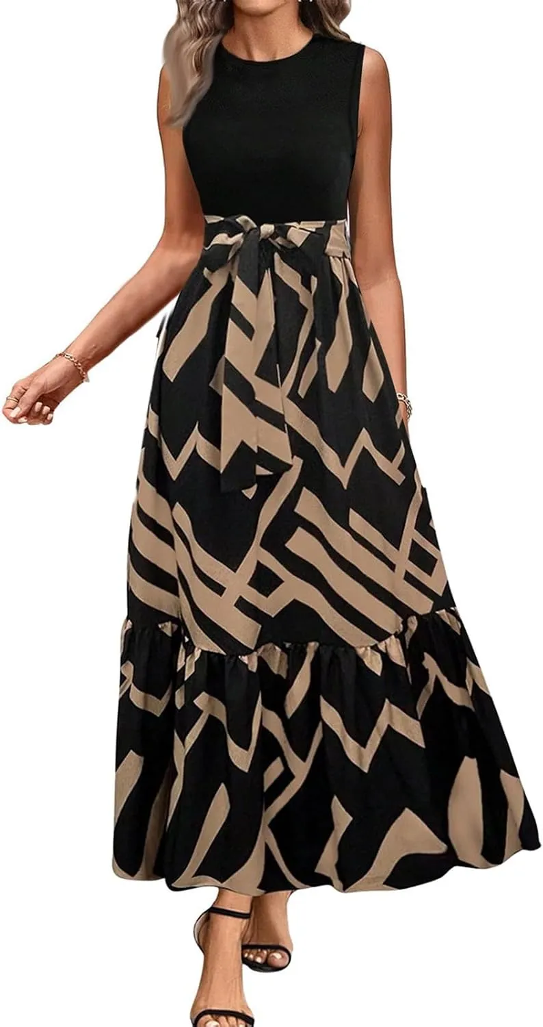 Summer Dresses for Women 2025 Casual Sleeveless Maxi Dresses with Belt Boho Flowy Floral Dress Vacation Long Dress