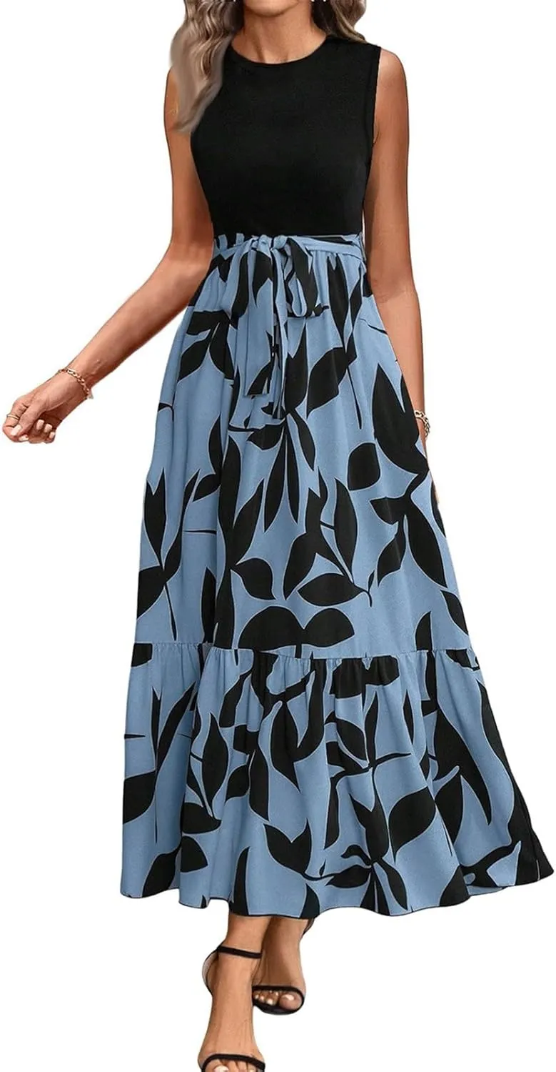 Summer Dresses for Women 2025 Casual Sleeveless Maxi Dresses with Belt Boho Flowy Floral Dress Vacation Long Dress