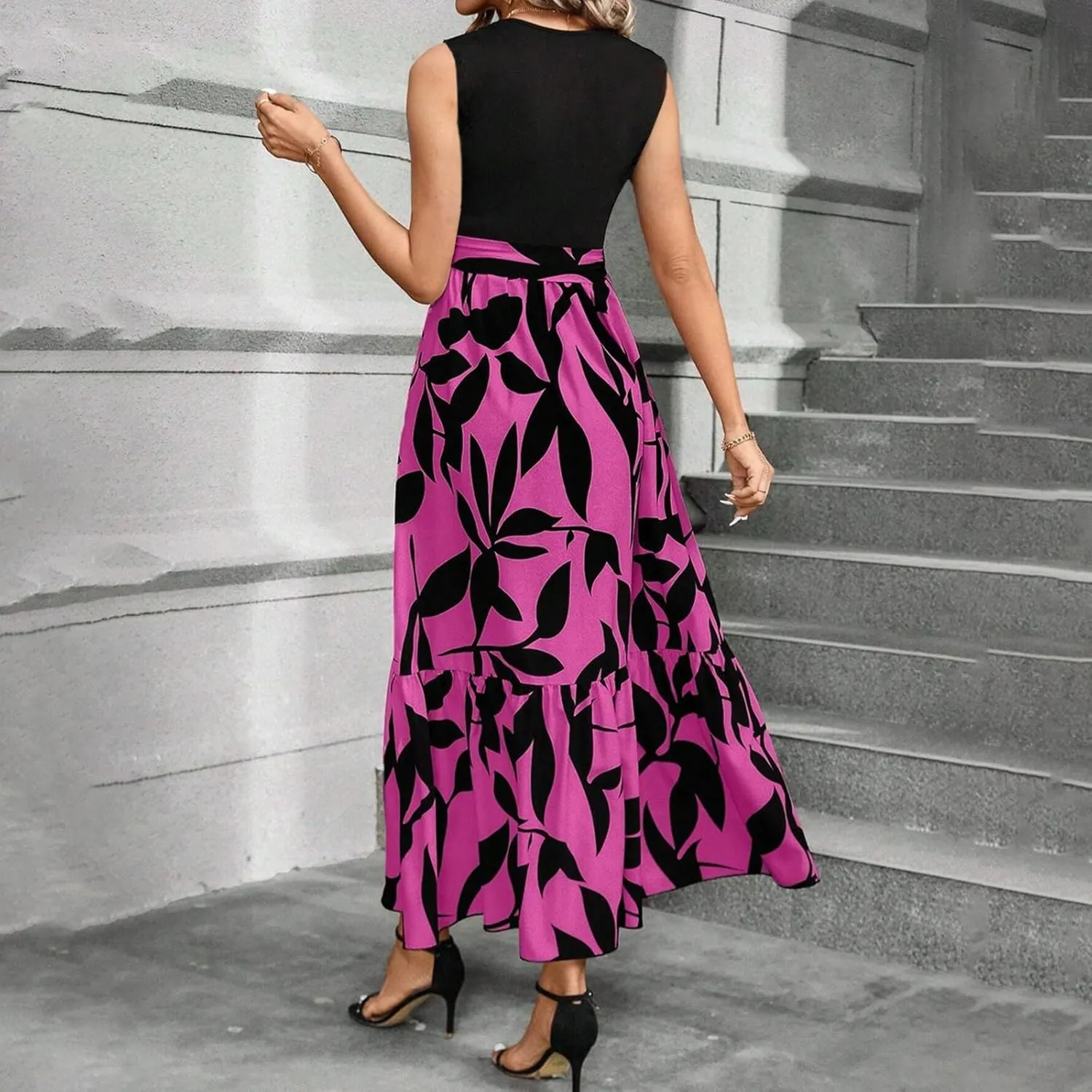 Summer Dresses for Women 2025 Casual Sleeveless Maxi Dresses with Belt Boho Flowy Floral Dress Vacation Long Dress