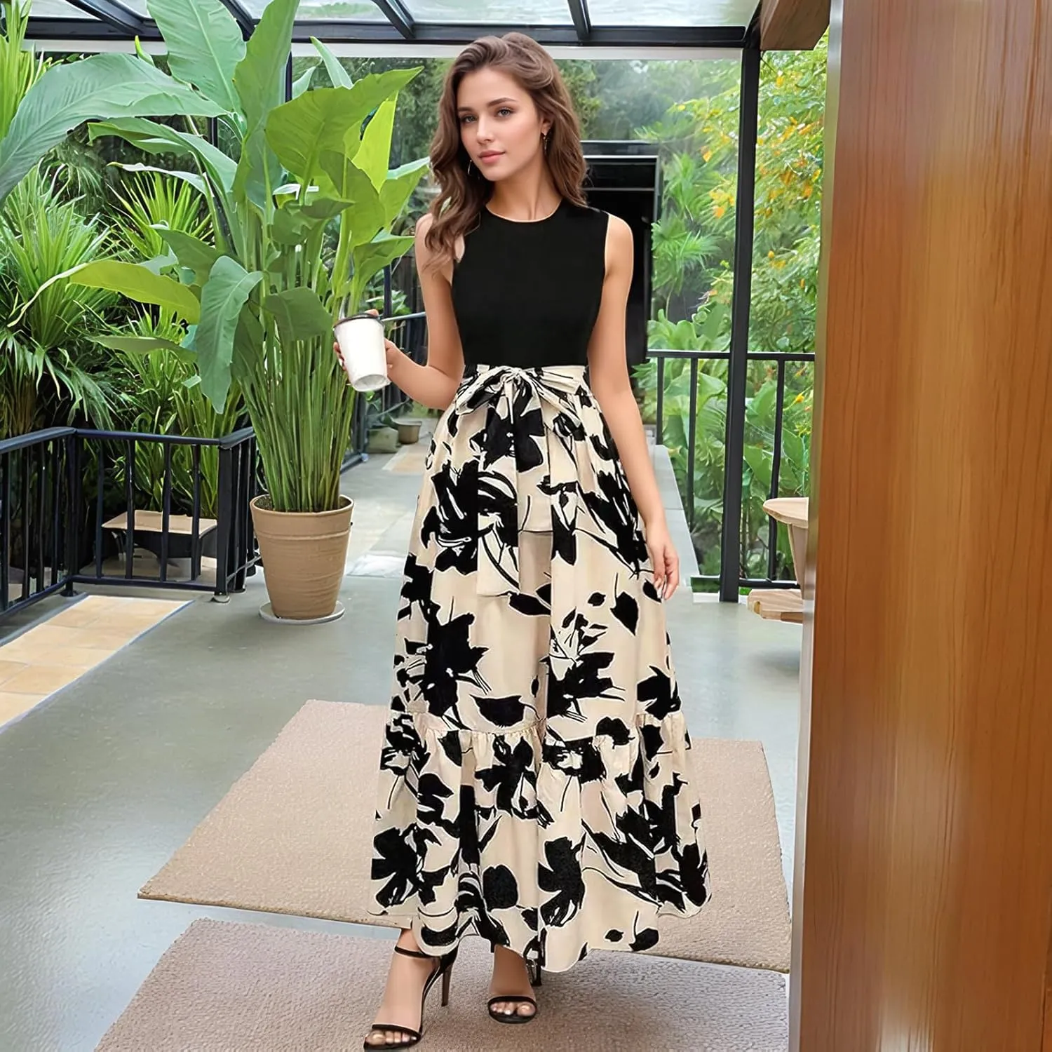 Summer Dresses for Women 2025 Casual Sleeveless Maxi Dresses with Belt Boho Flowy Floral Dress Vacation Long Dress