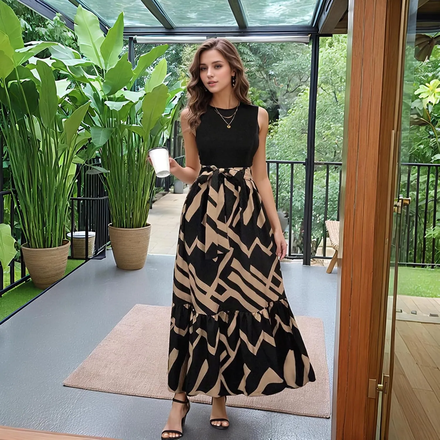 Summer Dresses for Women 2025 Casual Sleeveless Maxi Dresses with Belt Boho Flowy Floral Dress Vacation Long Dress