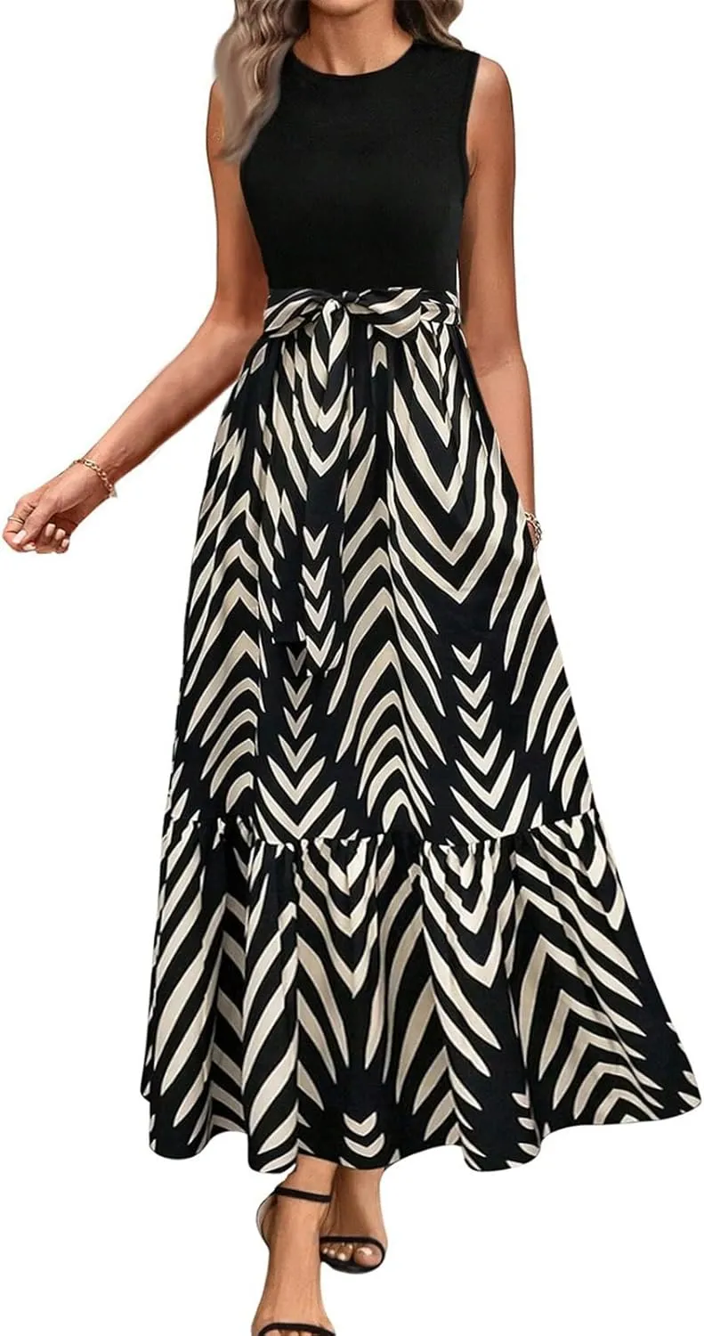 Summer Dresses for Women 2025 Casual Sleeveless Maxi Dresses with Belt Boho Flowy Floral Dress Vacation Long Dress