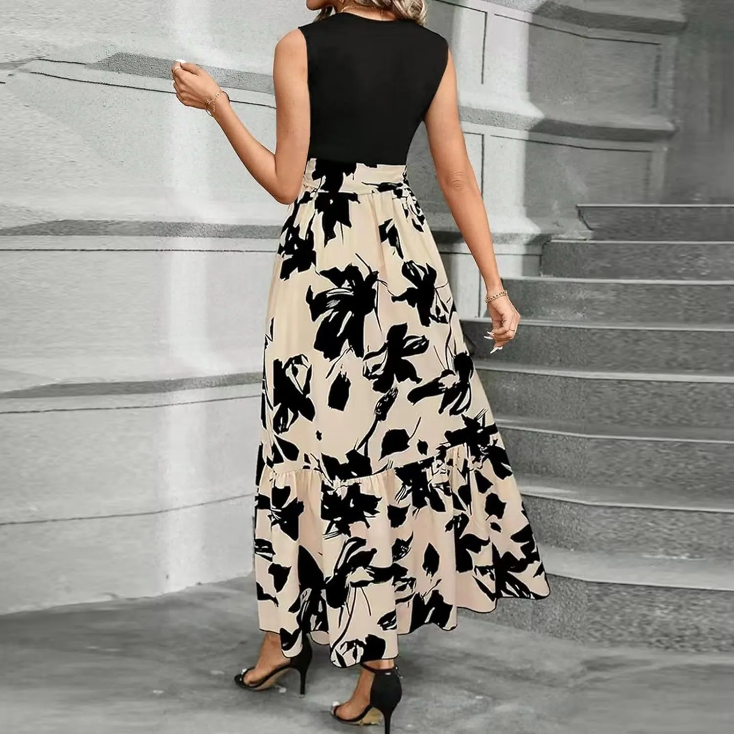 Summer Dresses for Women 2025 Casual Sleeveless Maxi Dresses with Belt Boho Flowy Floral Dress Vacation Long Dress